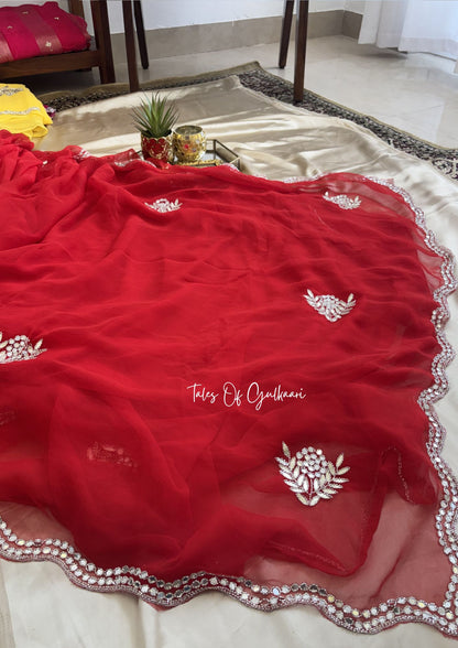 Sheesh Mahal Premium Soft Georgette Saree – Mirror Gota Elegance ~ Red