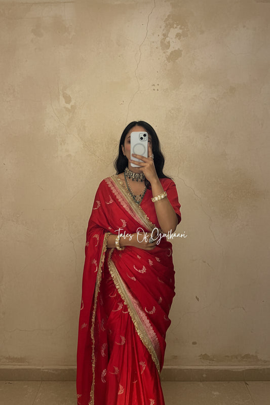 The Chaand ~ Soft Mashru Katan Silk Saree In Red With Lace Work