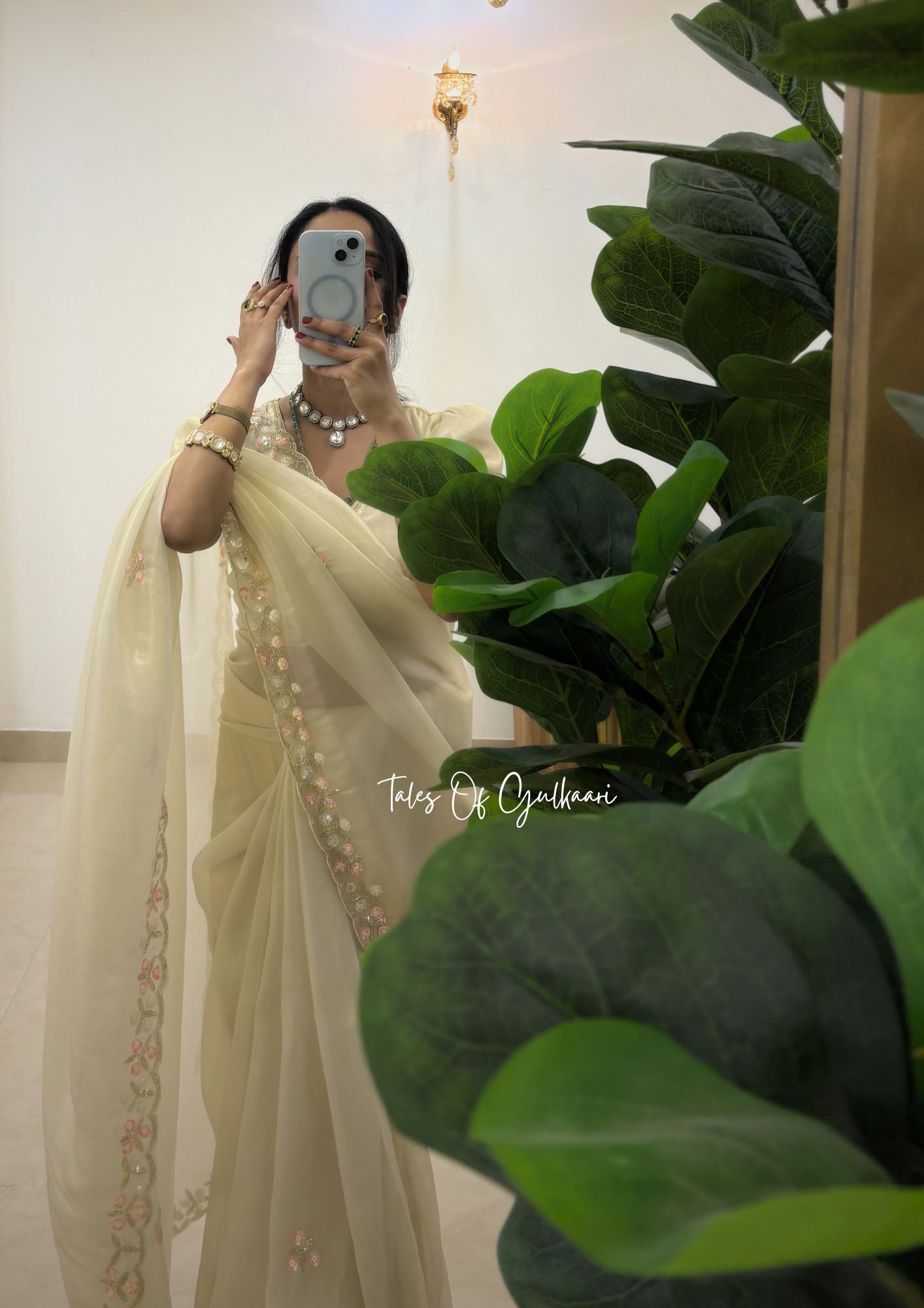 The Ivory Beauty in Tissue Silk with delicate embroidery along the borders