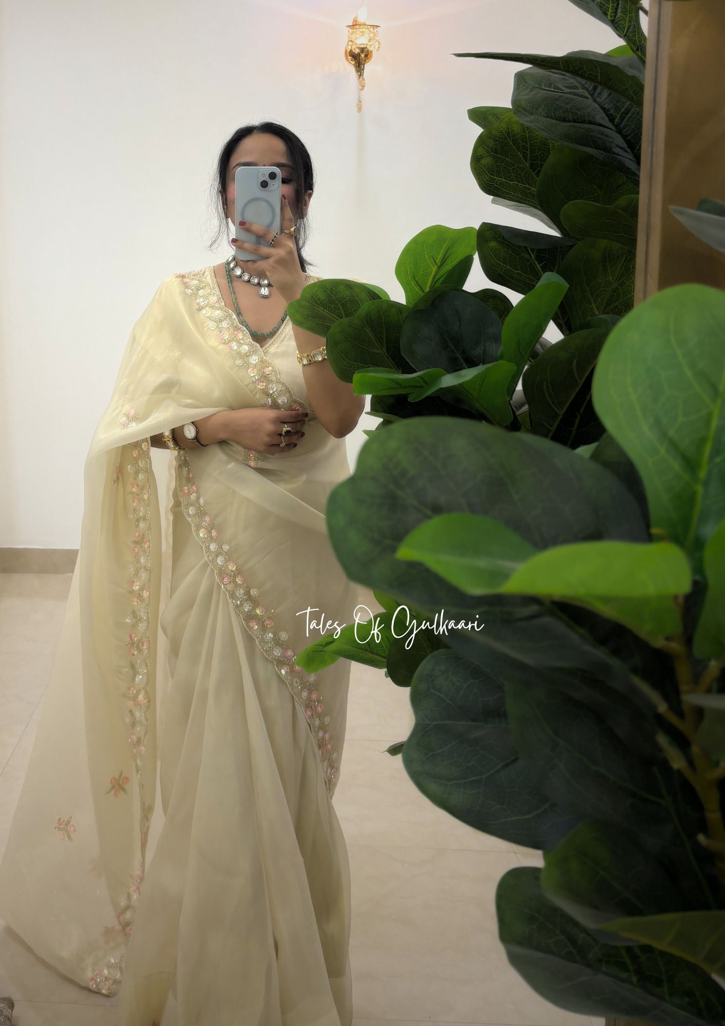 The Ivory Beauty in Tissue Silk with delicate embroidery along the borders