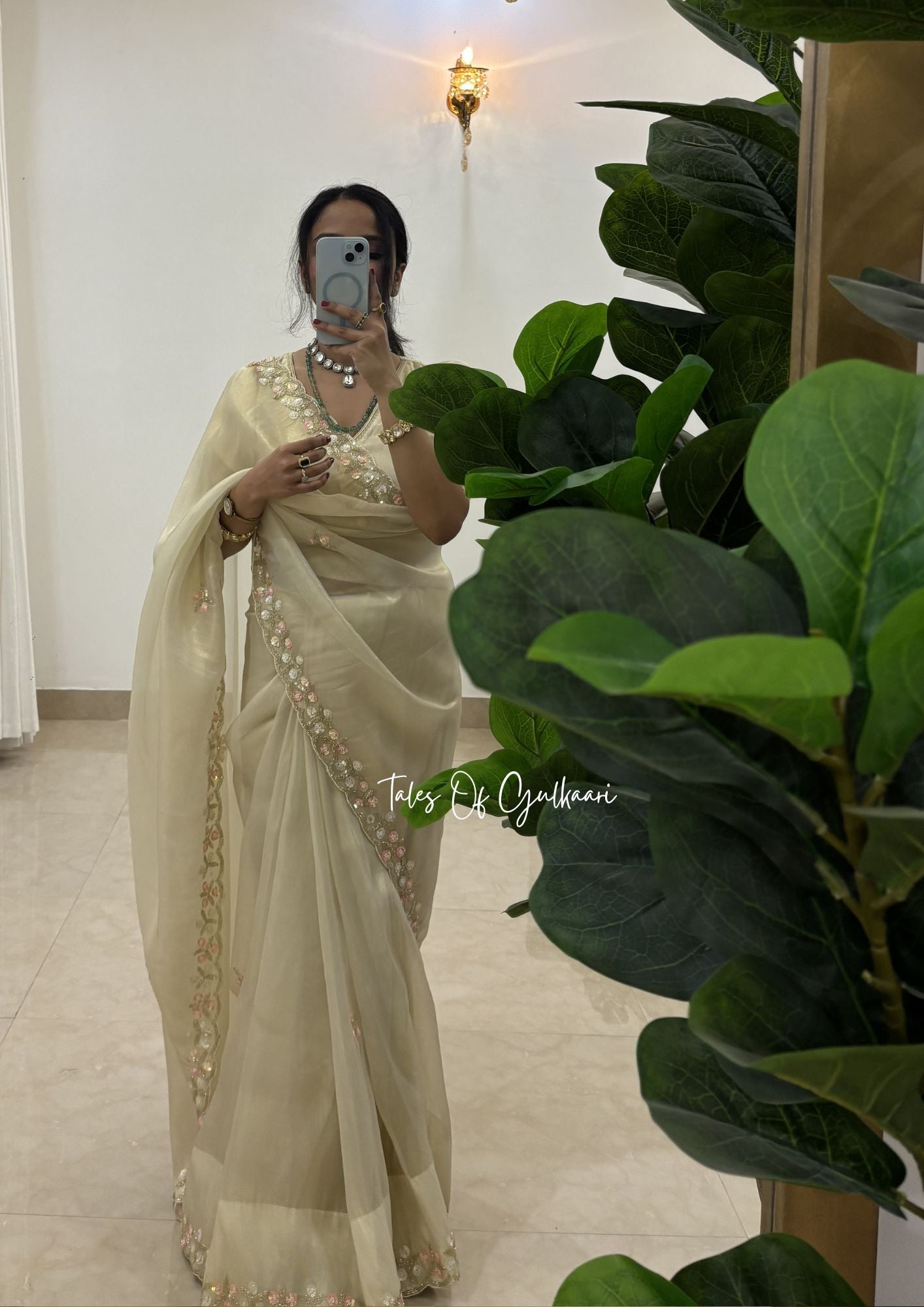 The Ivory Beauty in Tissue Silk with delicate embroidery along the borders