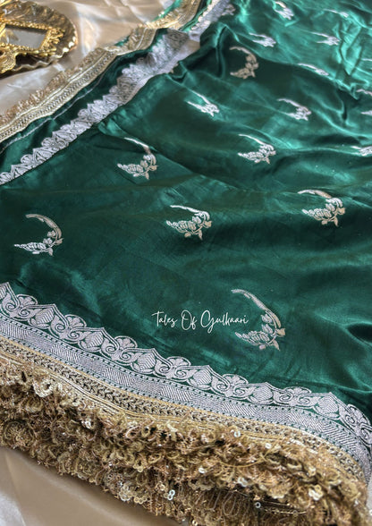 The Chaand ~ Soft Masrhu Katan Silk Saree In Dark Green With Lace Work