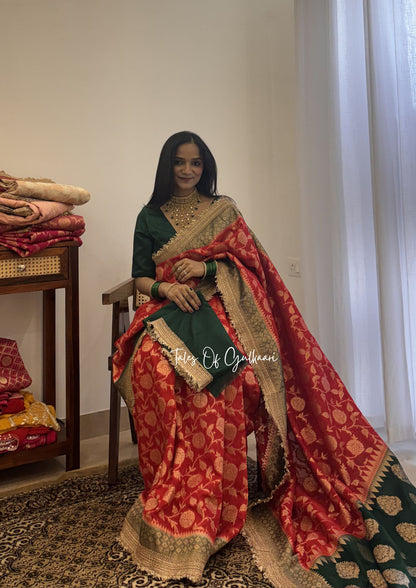 Phulkaari – Soft Banarasi Semi Khaddi Katan Georgette Silk Saree | Red & Green
