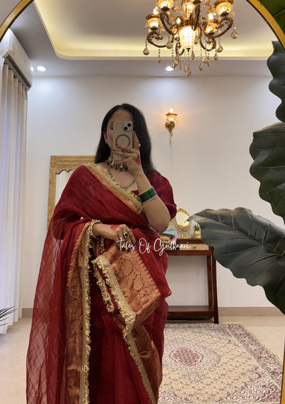 The Viraasat ~ Pure Tissue Silk Saree In Deep Red With Woven Borders & Lace Work