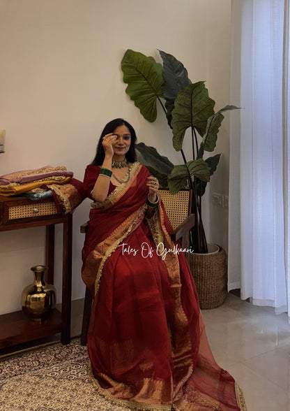 The Viraasat ~ Pure Tissue Silk Saree In Deep Red With Woven Borders & Lace Work