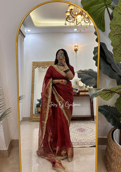 The Viraasat ~ Pure Tissue Silk Saree In Deep Red With Woven Borders & Lace Work