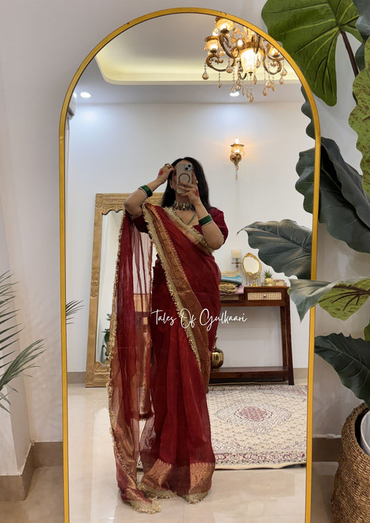 The Viraasat ~ Pure Tissue Silk Saree In Deep Red With Woven Borders & Lace Work