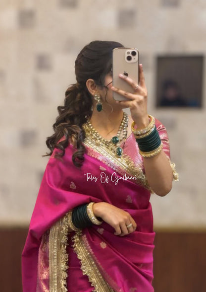 The Nazakat - Soft Silk Saree In Hot Pink with Lace Work