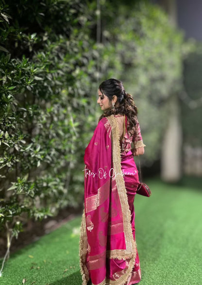 The Nazakat - Soft Silk Saree In Hot Pink with Lace Work