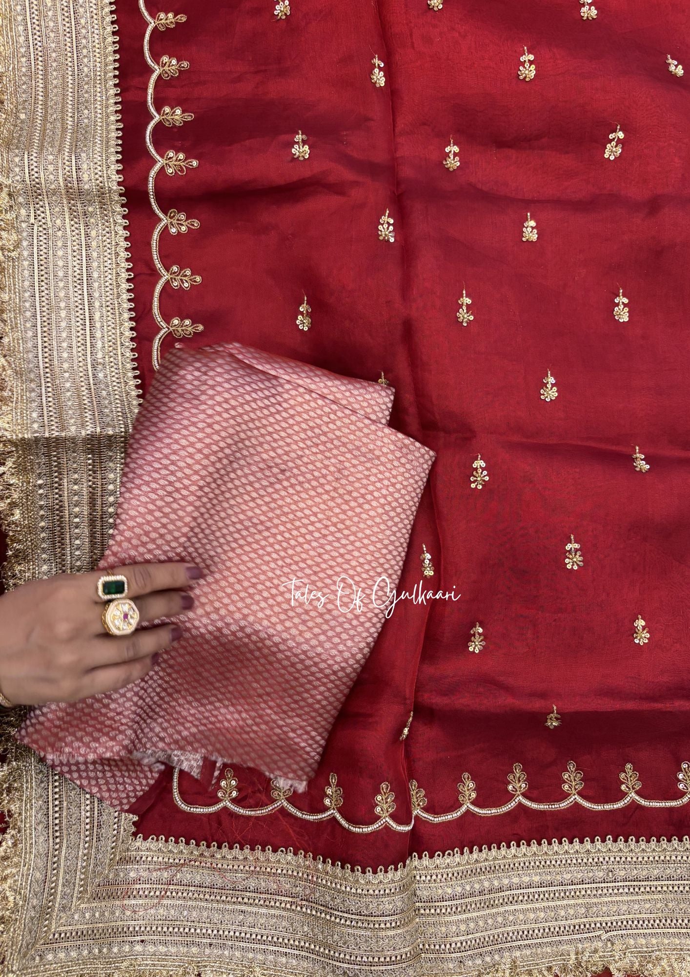 Red Pure Tissue Silk Saree with Intricate Hand Embroidery & Pure Brocade Blouse