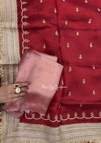 Red Pure Tissue Silk Saree with Intricate Hand Embroidery & Pure Brocade Blouse