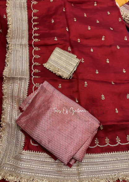 Red Pure Tissue Silk Saree with Intricate Hand Embroidery & Pure Brocade Blouse