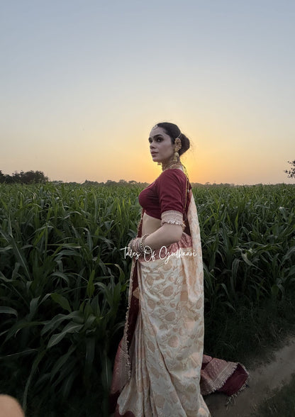 Phulkaari – Soft Banarasi Semi Khaddi Katan Georgette Silk Saree | Ivory & Deep Red