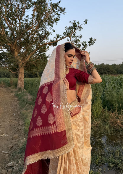 Phulkaari – Soft Banarasi Semi Khaddi Katan Georgette Silk Saree | Ivory & Deep Red
