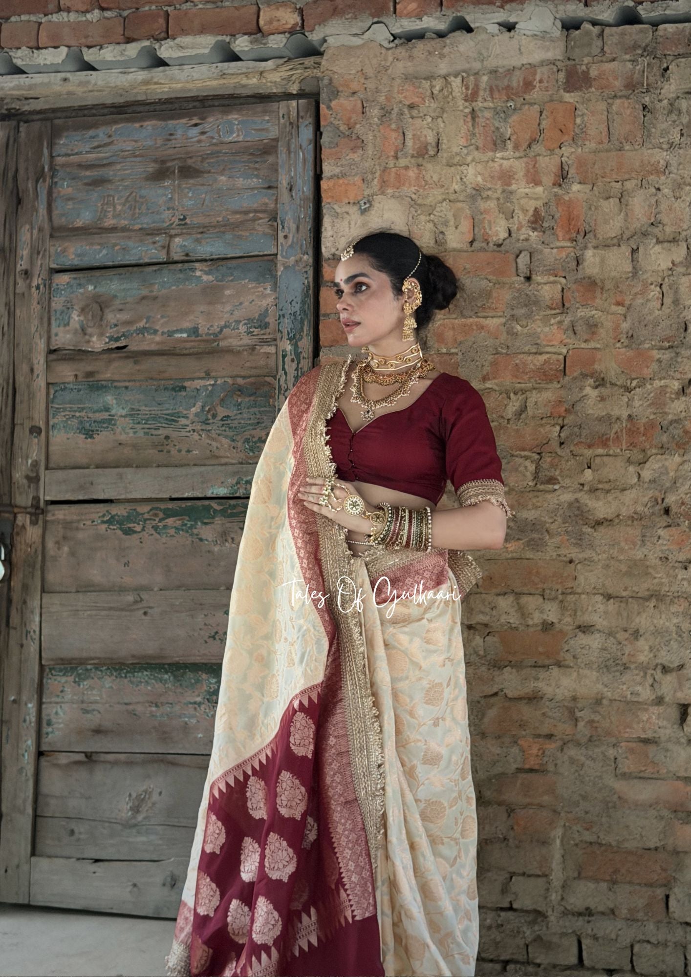 Phulkaari – Soft Banarasi Semi Khaddi Katan Georgette Silk Saree | Ivory & Deep Red