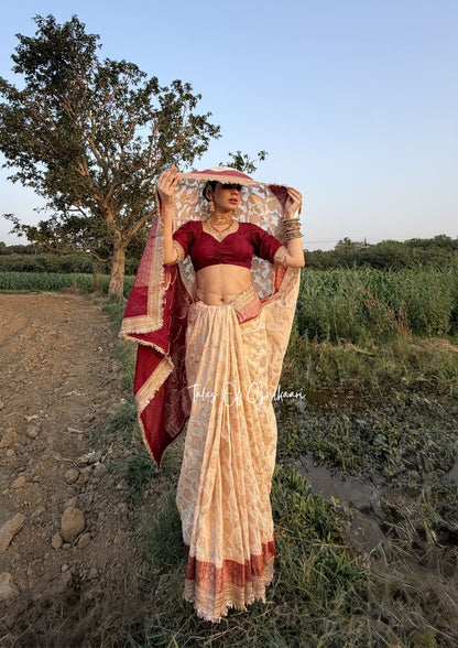 Phulkaari – Soft Banarasi Semi Khaddi Katan Georgette Silk Saree | Ivory & Deep Red
