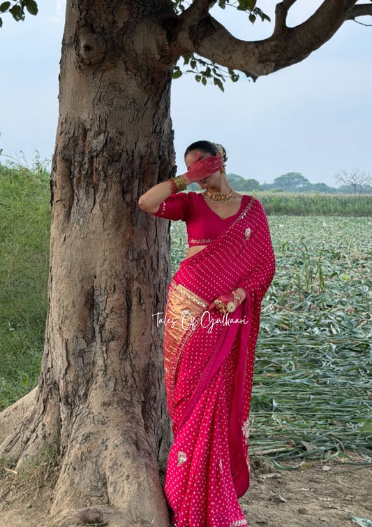 The Rajsi Bandhej - Premium Soft Modal Dola Silk Saree with Lagdi Patta - Pink✨