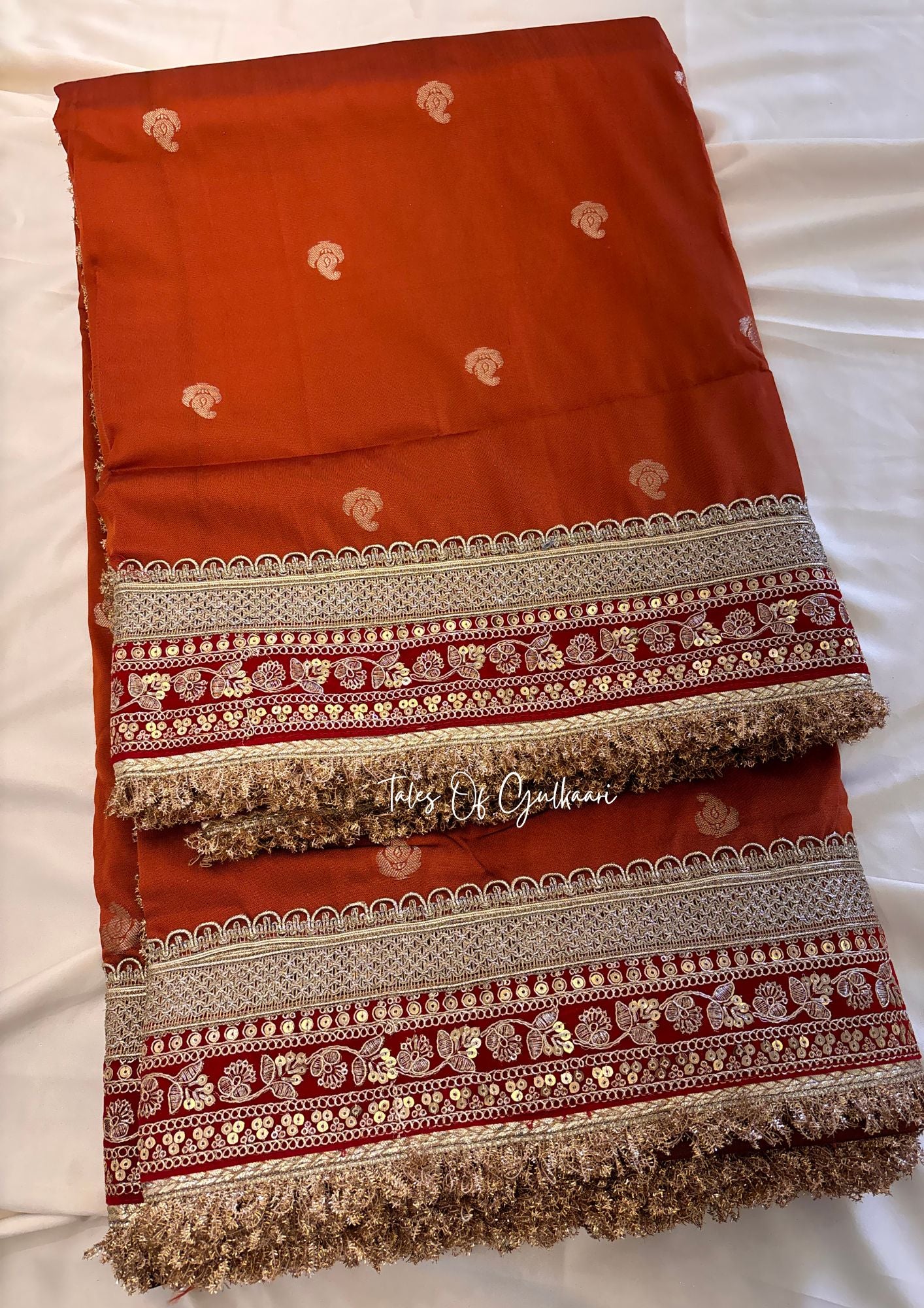 The Badhaai Ho – Bridal Soft Silk Saree in Rust Orange with Brocade Pallu & Lace Work