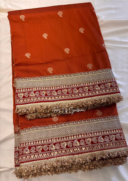 The Badhaai Ho – Bridal Soft Silk Saree in Rust Orange with Brocade Pallu & Lace Work