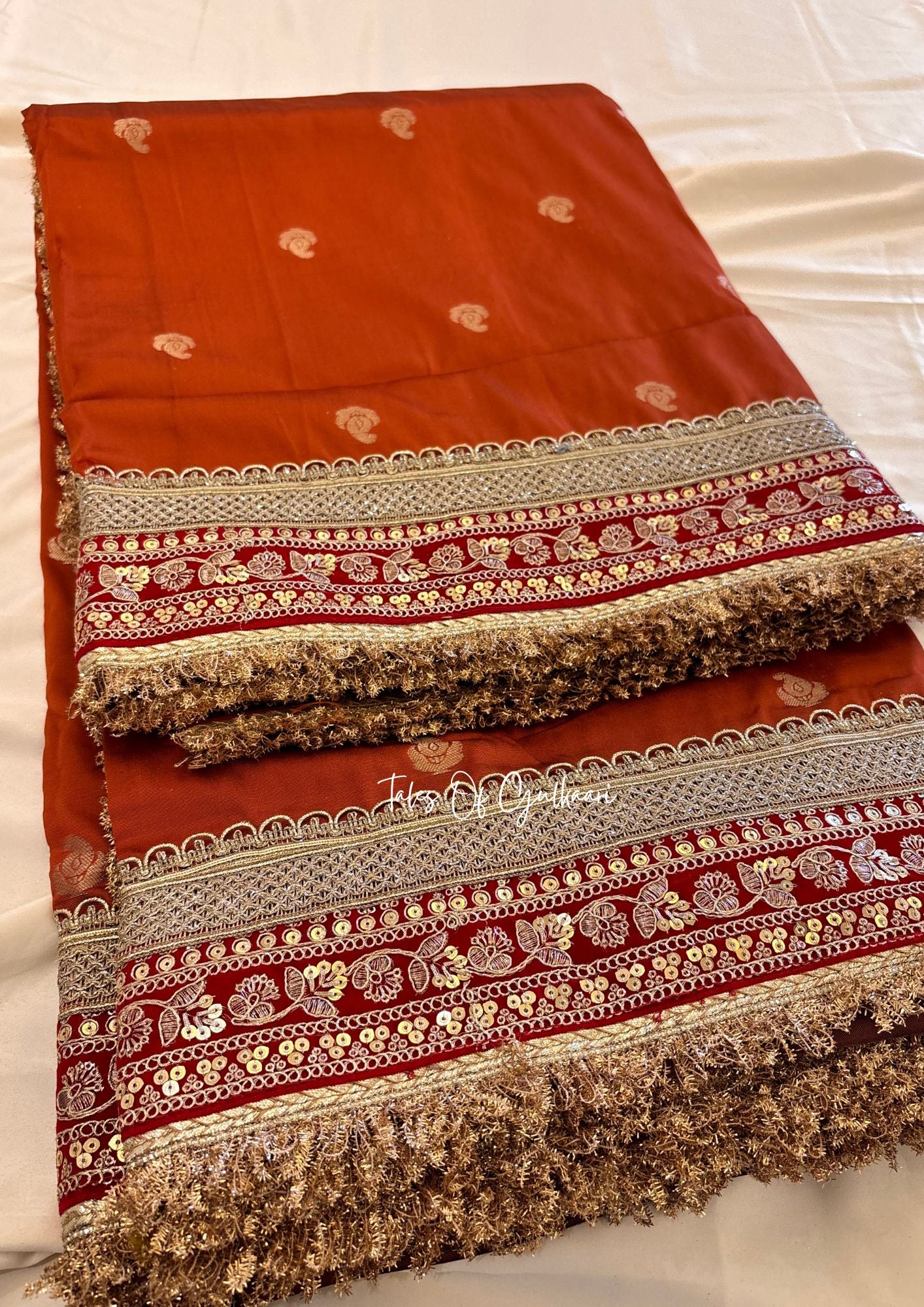 The Badhaai Ho – Bridal Soft Silk Saree in Rust Orange with Brocade Pallu & Lace Work