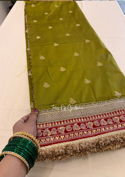 The Badhaai Ho – Bridal Soft Silk Saree in Green with Brocade Pallu & Lace Work