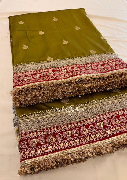 The Badhaai Ho – Bridal Soft Silk Saree in Green with Brocade Pallu & Lace Work