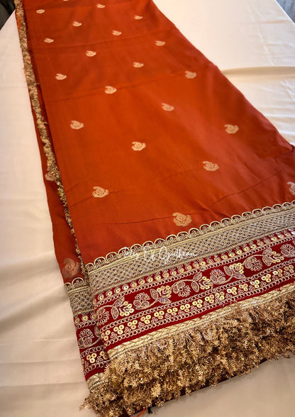 The Badhaai Ho – Bridal Soft Silk Saree in Rust Orange with Brocade Pallu & Lace Work