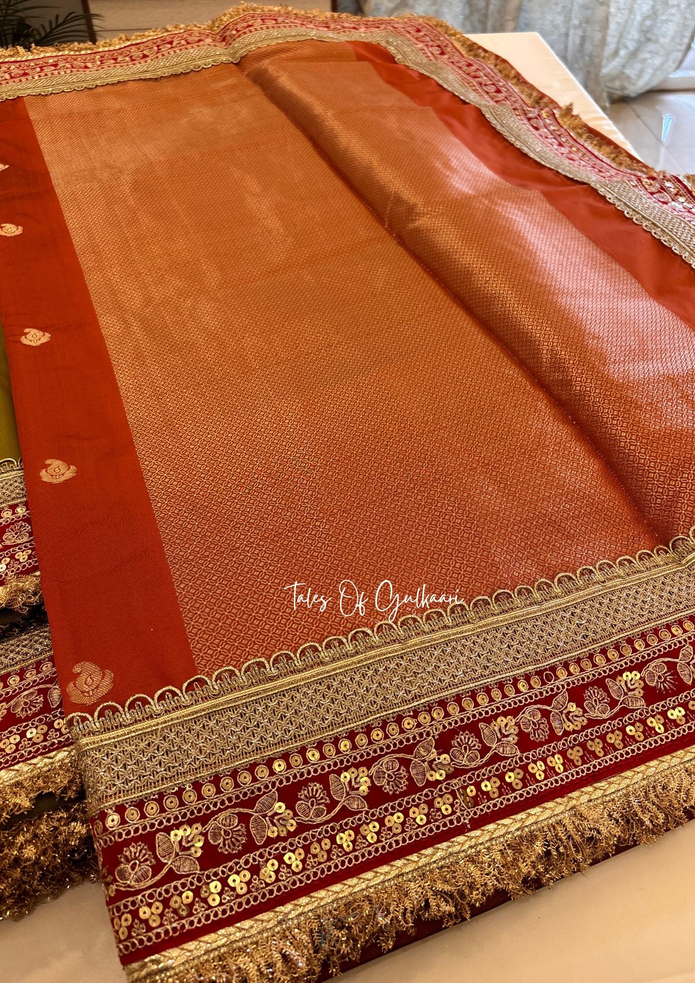 The Badhaai Ho – Bridal Soft Silk Saree in Rust Orange with Brocade Pallu & Lace Work