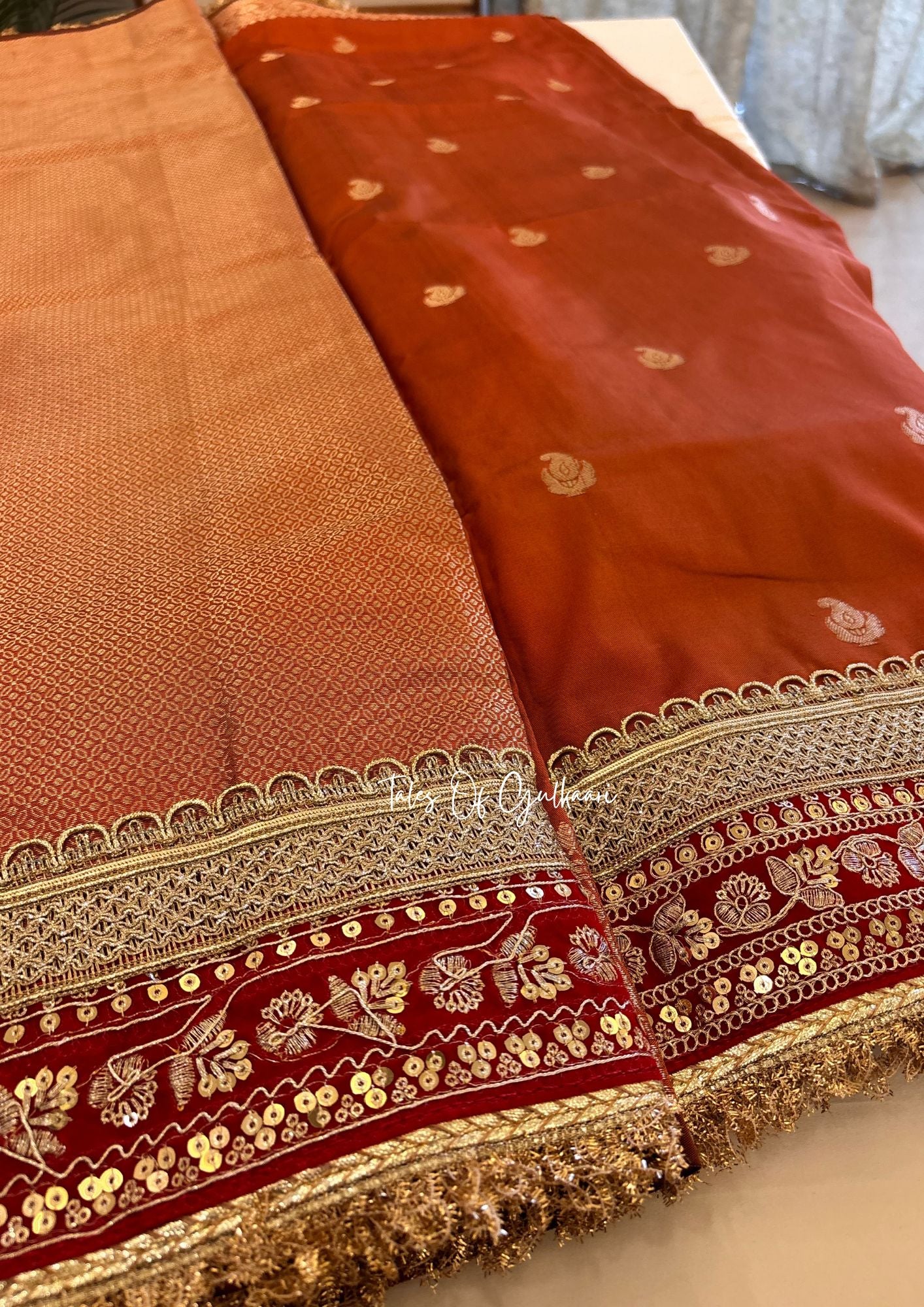 The Badhaai Ho – Bridal Soft Silk Saree in Rust Orange with Brocade Pallu & Lace Work