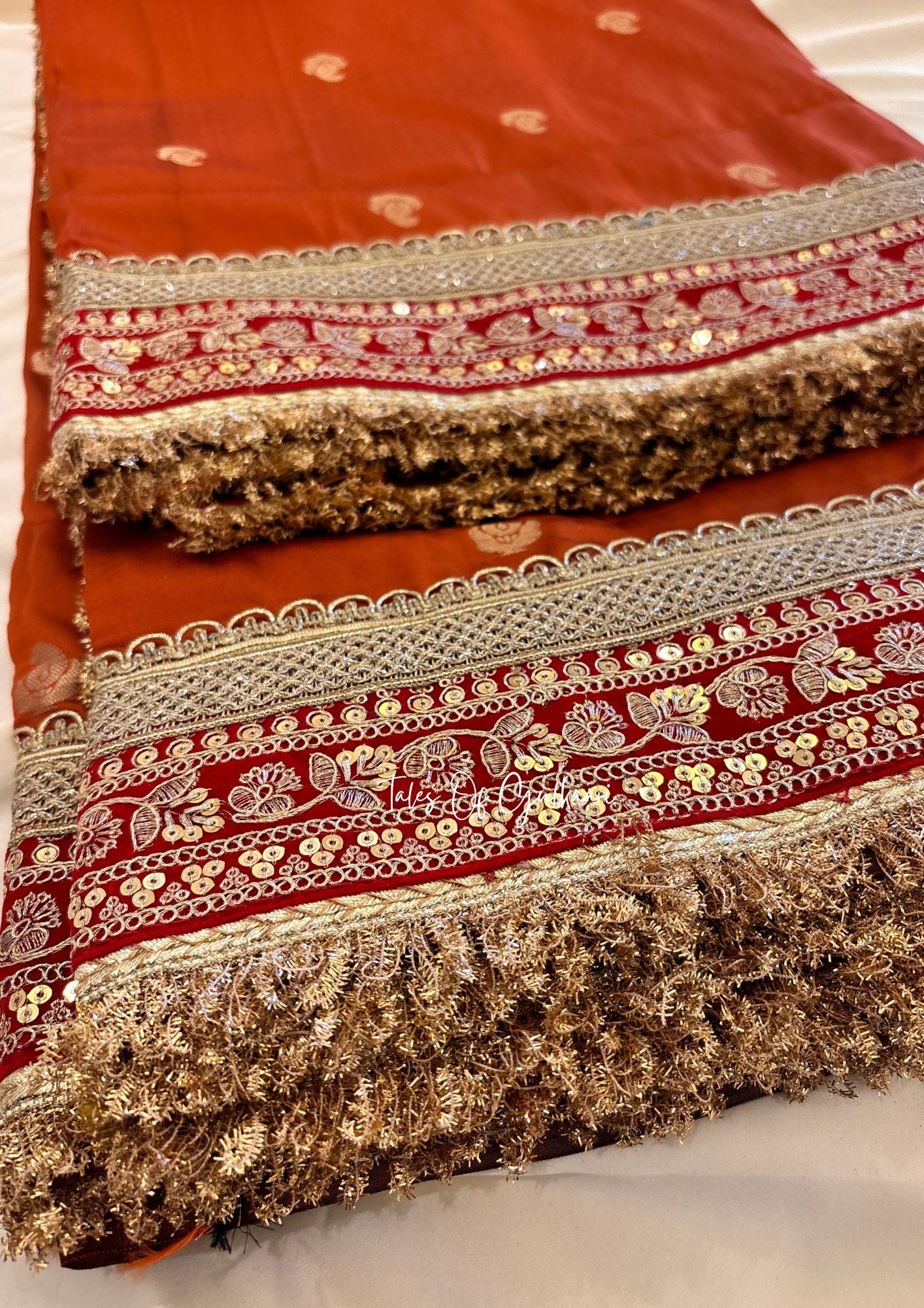 The Badhaai Ho – Bridal Soft Silk Saree in Rust Orange with Brocade Pallu & Lace Work