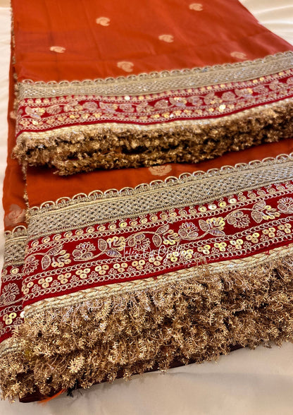 The Badhaai Ho – Bridal Soft Silk Saree in Rust Orange with Brocade Pallu & Lace Work