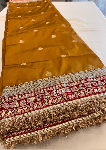 The Badhaai Ho – Bridal Soft Silk Saree in Mustard Yellow with Brocade Pallu & Lace Work