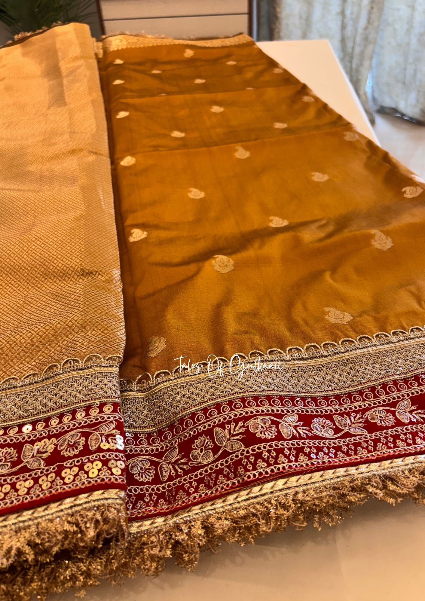 The Badhaai Ho – Bridal Soft Silk Saree in Mustard Yellow with Brocade Pallu & Lace Work