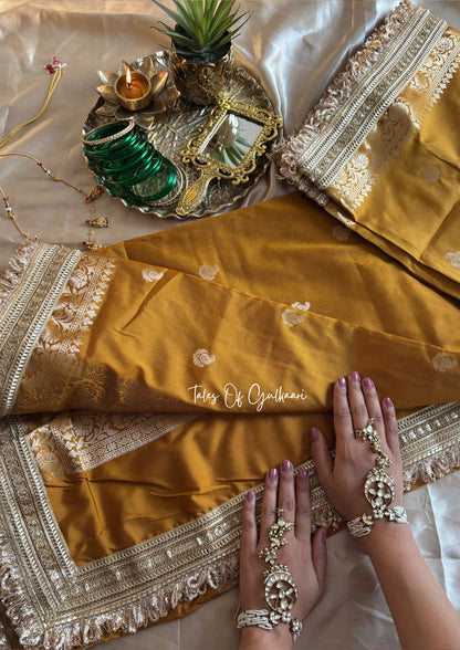 The Nazakat ~ Soft Silk Saree In Mustard Yellow with Lace Work