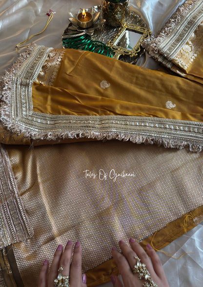 The Nazakat ~ Soft Silk Saree In Mustard Yellow with Lace Work