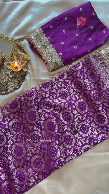 The Noor-E-Bandhej - Soft Katan Silk Saree In Purple with Lace Work