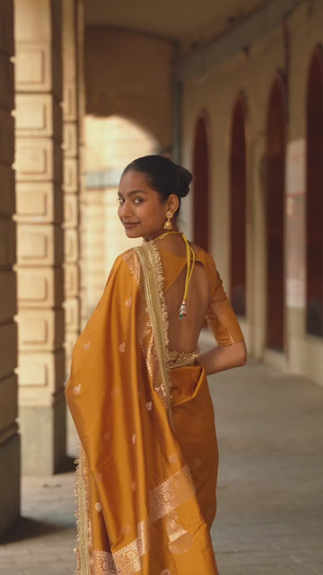The Nazakat - Soft Silk Saree In Mustard Yellow with Lace Work
