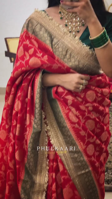 Phulkaari – Soft Banarasi Semi Khaddi Katan Georgette Silk Saree | Red & Green